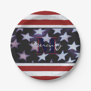  Vintage Flag Patriotic 4. Juli Custom Monogram 2 Pappteller