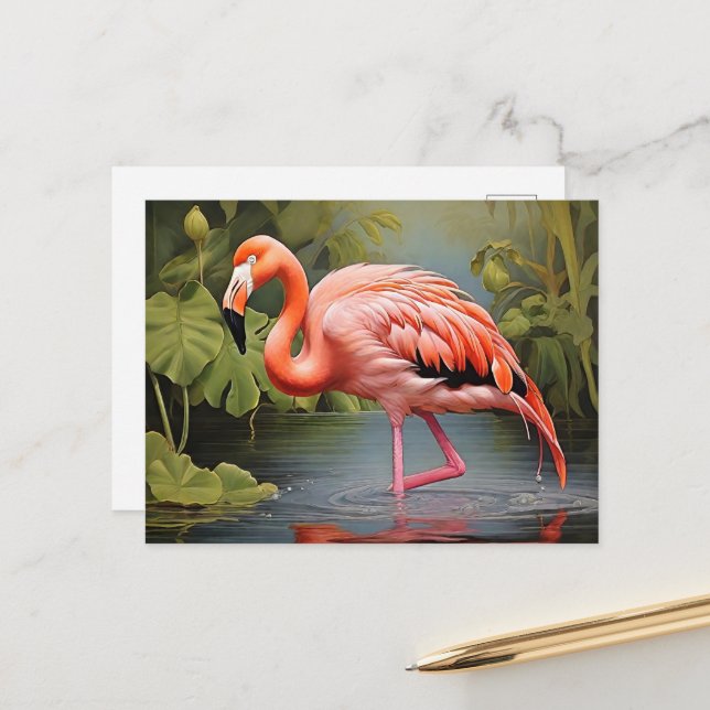 Vintage Flamingo AI-Art Malerei Postkarte (Vorderseite/Rückseite Beispiel)
