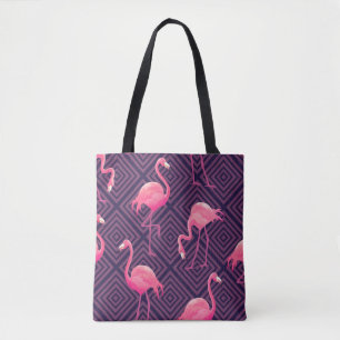 Vintage Flamingos, lila geometrischer Hintergrund. Tasche
