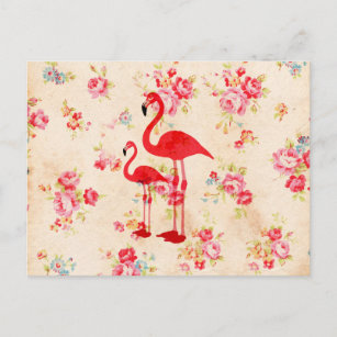 Vintage flamingos rote Rosen Postkarte