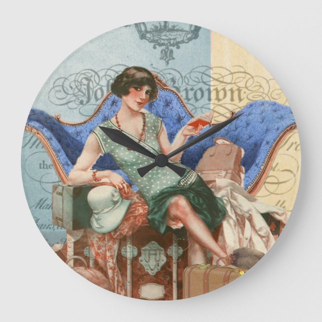 Vintage Flapper Girl in Paris Große Wanduhr (Vorderseite)
