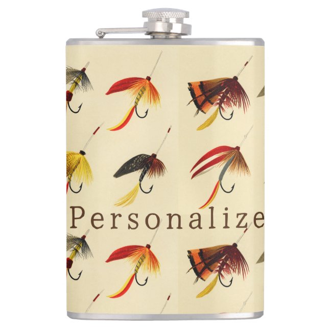 Vintage Fliegenfischerei Flyer lockt Fischer Flachmann (Vorderseite)