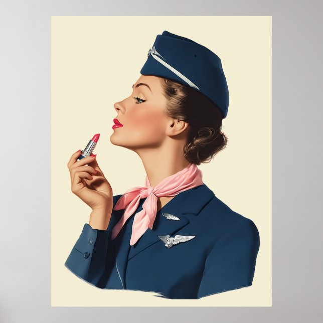 Vintage Flight Attendant Applying Lipstick Poster (Vorne)