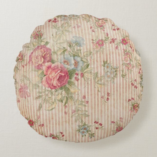 Vintage Flora und Streifen Rundes Kissen (Vorderseite)