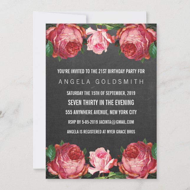 Vintage Floral 21e Anniversaire Invitations (Devant)