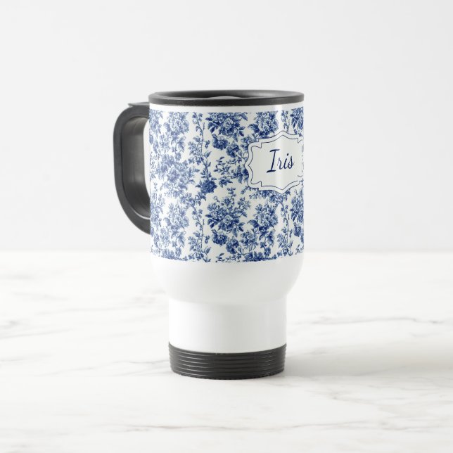 Vintage Floral Blue White Personalized Reisebecher (Vorderseite Links)
