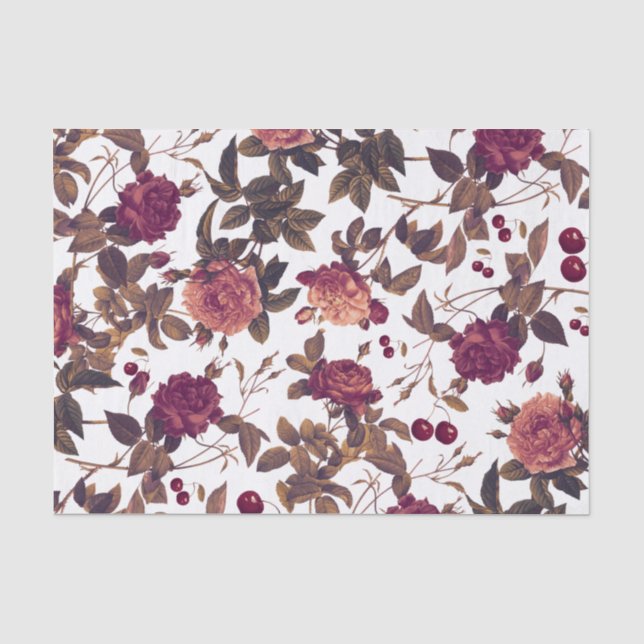 Vintage floral Burgundy Rose Cherry Seidenpapier (Vorderseite)