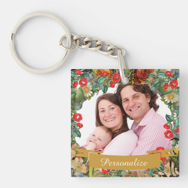 Vintage Floral Custom Photo Personalised Schlüsselanhänger (Vorderseite)