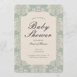 Vintage Floral Damask Baby Shower Cyan Beige Einladung