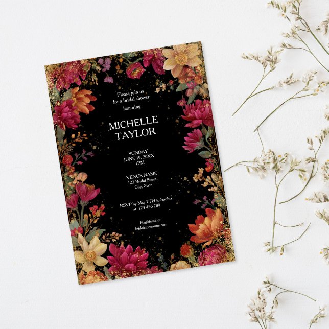 Vintage  Floral Enchanted Garden Elegant  Einladung (vintage colorful floral frame with gold glitter, bridal shower invitation)