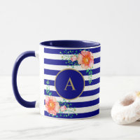 Vintage Floral Gold Monogram Navy Strip