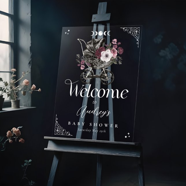 Vintage Floral gothique Poussette Baby shower Bien (Vintage Floral Gothic Stroller Baby Shower Welcome Acrylic Sign)
