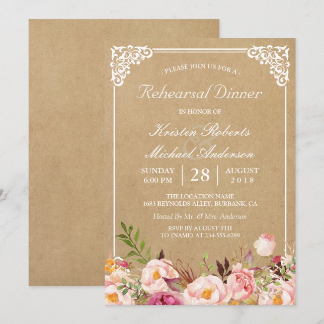 Vintage floral Kraft | Hochzeitsessen Probe Einladung (Vorne/Hinten)