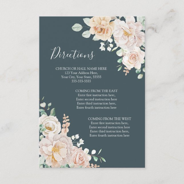 Vintage Floral Navy Blue Wedding Direction Insert (Vorderseite)