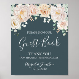 Vintage Floral Navy Blue Wedding Guest Book Sign Poster