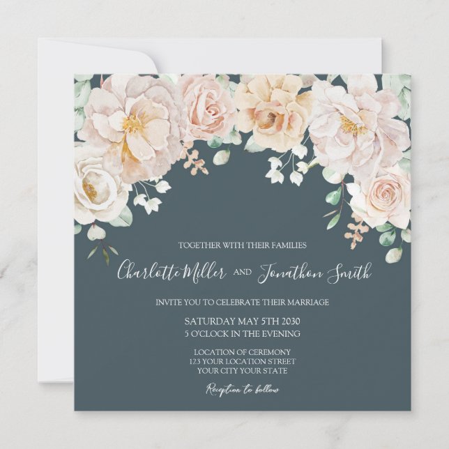Vintage Floral Navy Blue Wedding Invitations Einladung (Vorderseite)