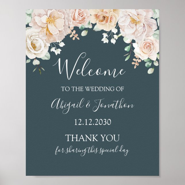 Vintage Floral Navy Blue Wedding Welcome Poster (Vorne)