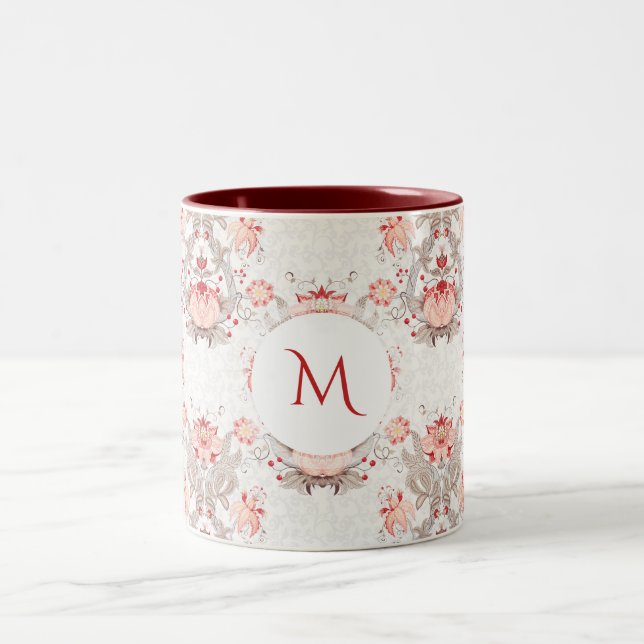 Vintage Floral Pattern Monogramm Tasse (Mittel)