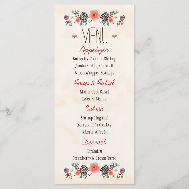 Vintage Floral Pine Cône de Noël Menu Mariage (Devant)
