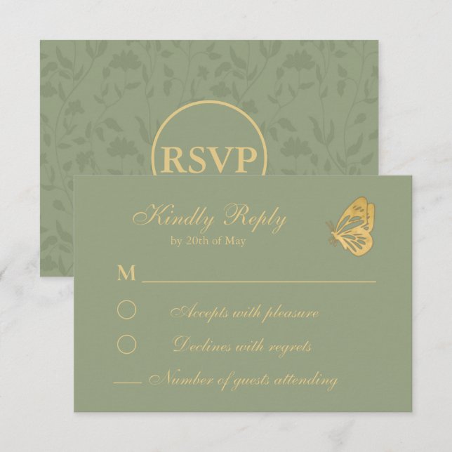 Vintage floral Sage Green RSVP Card (Vorne/Hinten)
