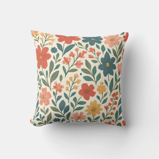 Vintage Floral Throw Pillow – Botanical Wildflower Kissen (Vorderseite)