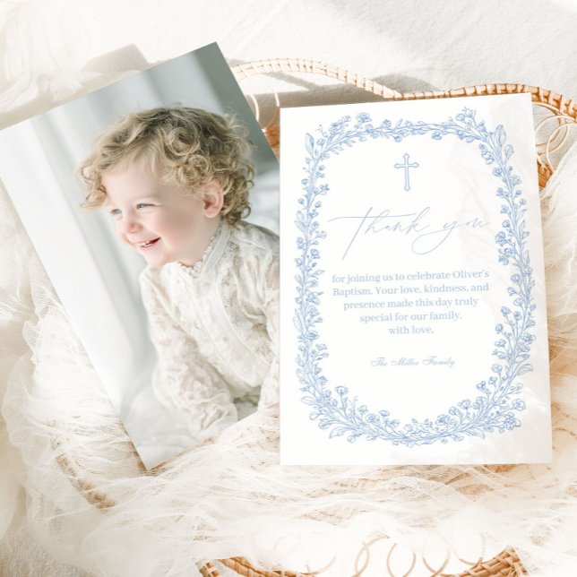 Vintage Floral Toile Light Blue Baptism Dankeskarte (Von Creator hochgeladen)