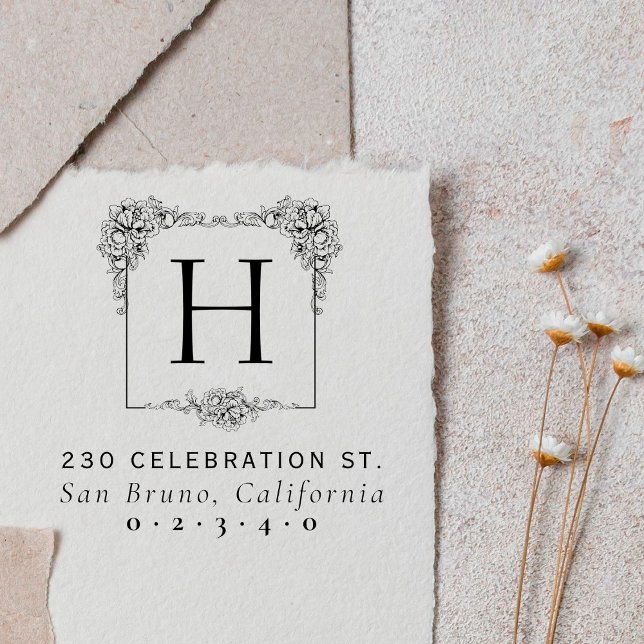 Vintage florale Bold Square Monogramm-Rücksendeadr Permastempel (Von Creator hochgeladen)