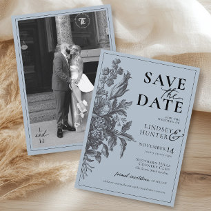 Vintage Florale Dusty Blau Schwarze Boho-Foto-Hoch Save The Date