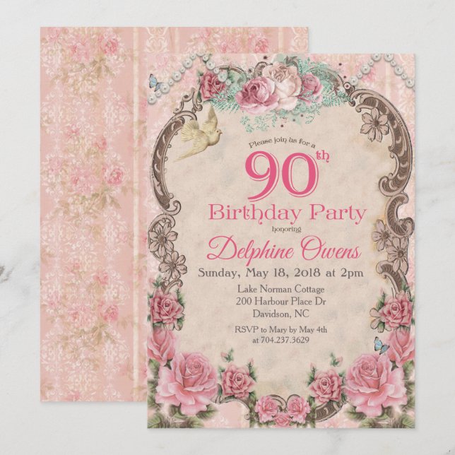 Vintage florale Einladung zum 90. Geburtstag (Vorne/Hinten)