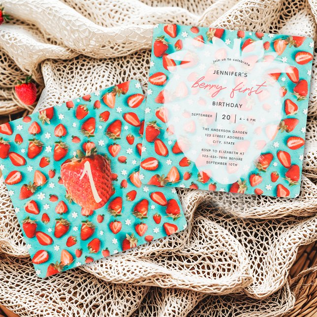 Vintage florale First Strawberry Thema Geburtstag Einladung (Von Creator hochgeladen)