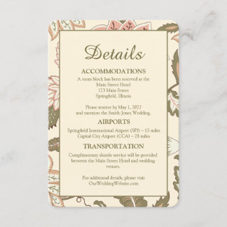 Vintage Florale Hochzeitsreise & Unterkunft Begleitkarte