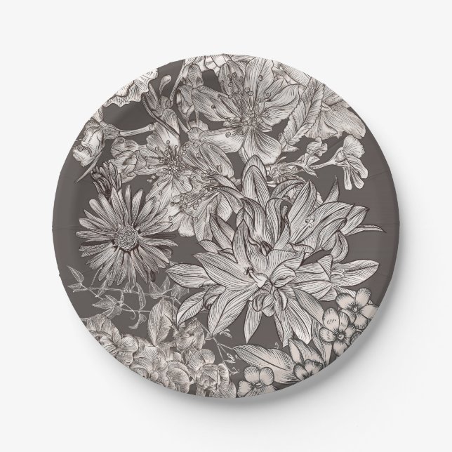 Vintage florale Moderne Elfenbein & Grau Rustikale Pappteller (Vorderseite)