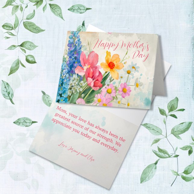 Vintage florale "Muttertagskarte" Feiertagskarte (Lovely vintage watercolor of colorful spring florals for "Happy Mother's Day" card)