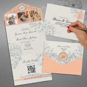 Vintage Florale Pfirsich-Foto-Hochzeit All In One Einladung