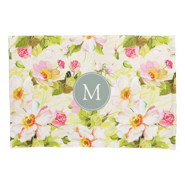 Vintage florale Rose Peongram Monogram Kissenfall Kissenbezug (Vorderseite)