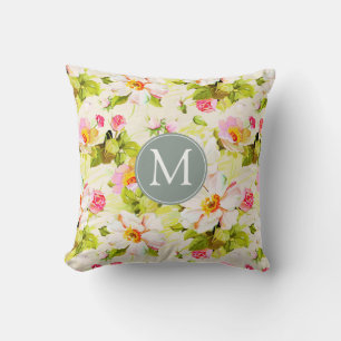 Vintage florale Rose Peongram Monogram Sq Pillow Kissen