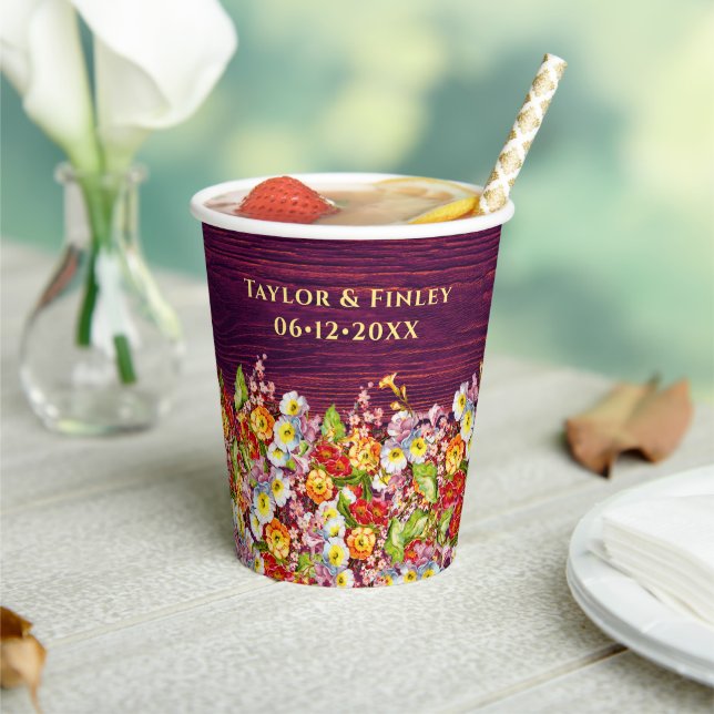 Vintage florale rustikale Primrose Burgundy Weddin Pappbecher (In Situ)