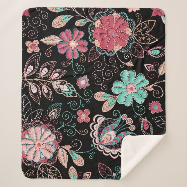 Vintage florale Stickerei Dunkles Muster Sherpadecke (Vorderseite)