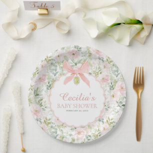 Vintage Florales Rosa Schleifen Mädchen Baby-Party Pappteller
