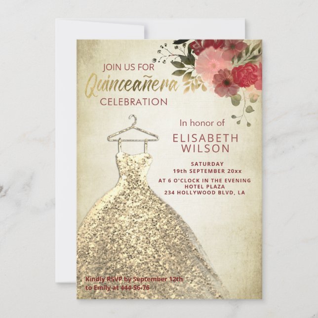 Vintage Floralgoldsequenen kleiden Quinceañera Einladung (Vorderseite)