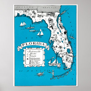 Vintage Florida State Map Coastal Wall Decor Poster
