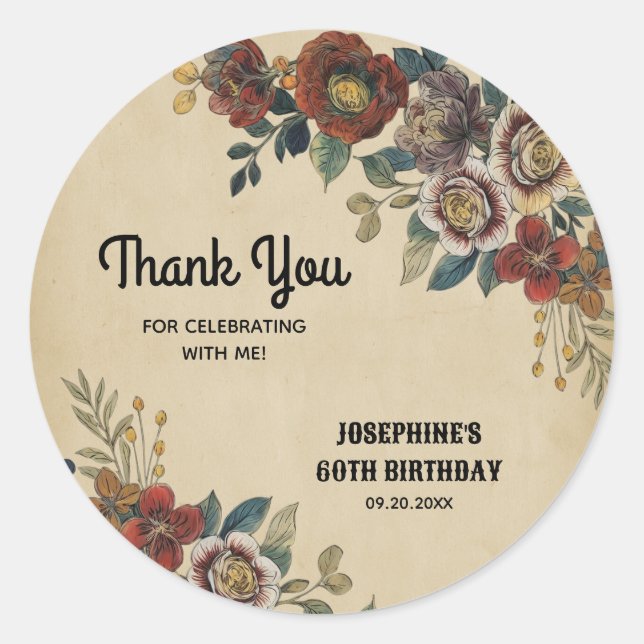 Vintage Flower Birthday Thank You Runder Aufkleber (Vorderseite)