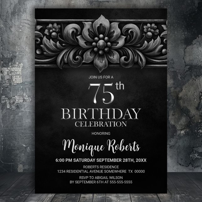 Vintage Flower Black 75th Birthday Party Einladung (Von Creator hochgeladen)