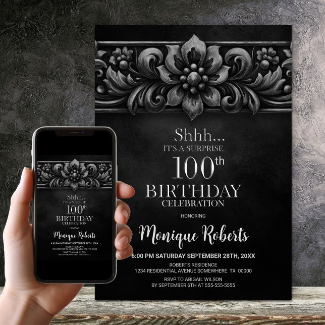 Vintage Flower Black Surprise 100th Birthday Party Einladung (Von Creator hochgeladen)
