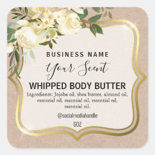 Vintage Flowers On Kraft Body Butter Labels Quadratischer Aufkleber