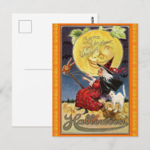 Vintage Flügelhexe Halloween-Postkarte