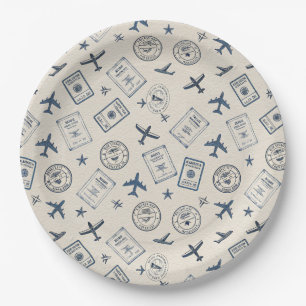 Vintage-Flugreise-Pass-Stempel-Muster (2) Pappteller