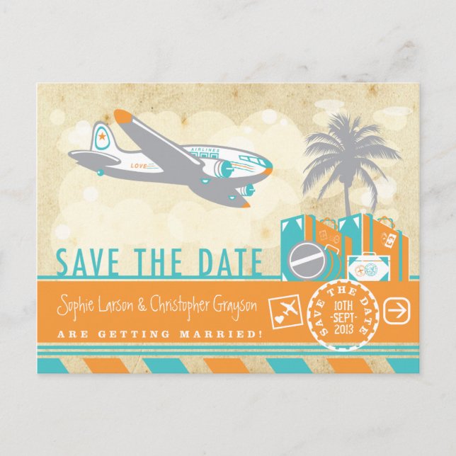 Vintage Flugreisebilderung Save the Date Ankündigungspostkarte (Vorderseite)