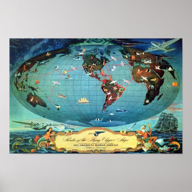 Vintage Flugstrecke Weltkarte Poster (Vorne)