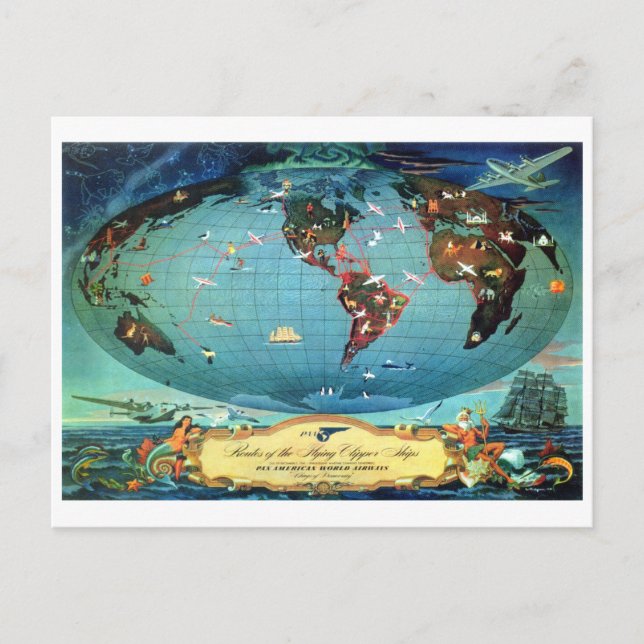 Vintage Flugstrecke Weltkarte Postkarte (Vorderseite)